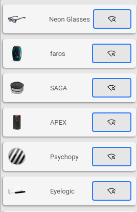 Liste des intégrations Neon Glasses, Faros, SAGA, APEX, PsychoPy et Eyelogic